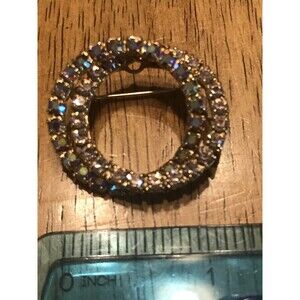 Vintage Brooch Rhinestone Double Circle Ring Wreath Pin AB stones gold tone